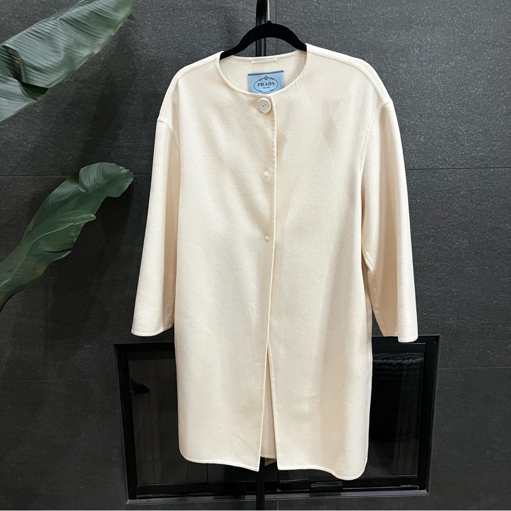 Prada Wool Collarless Coat Off White Size 42 - Picture 9 of 16